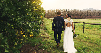 Buy stock photo Wedding, holding hands and back of couple in nature for celebration, support and love. Marriage ceremony, partner and commitment with man and woman walking in countryside for romance and event