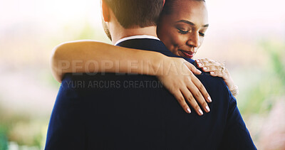 Buy stock photo Couple, wedding and happy with hug, love and ceremony for partnership, bonding and romance in nature. People, woman and man with smile, celebration and marriage event with commitment in relationship