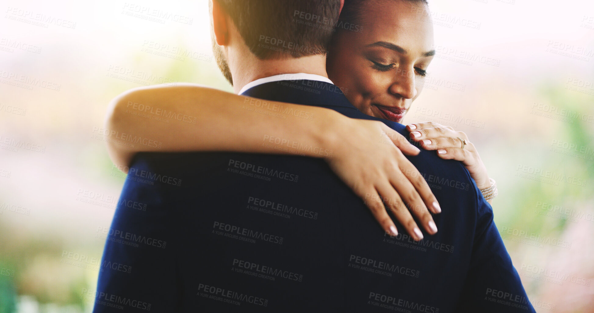 Buy stock photo Couple, wedding and happy with hug, love and ceremony for partnership, bonding and romance in nature. People, woman and man with smile, celebration and marriage event with commitment in relationship