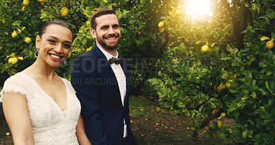 Buy stock photo Portrait, couple and smile for wedding, outdoor or romance for newlyweds, man or bonding with woman. Nature, bride and love for groom, together and people with commitment, care and happy for marriage