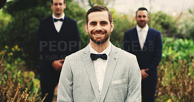 Buy stock photo Wedding, groomsmen or portrait of groom at park for outdoor ceremony, marriage day or celebration. Happy, people and waiting in nature for special event, commitment and romantic promise with support