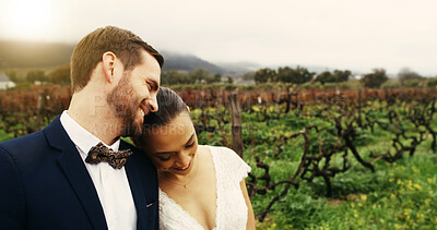 Buy stock photo Embrace, bride and love for groom, outdoor or couple with smile for commitment, marriage and nature. Happy, man and bonding with woman on wedding day, together and hug for ceremony, care and romance