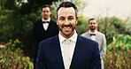 Wedding, groomsmen or portrait of groom in nature for outdoor ceremony, marriage day or celebration. Happy, people and waiting at park for special event, commitment and romantic promise with support