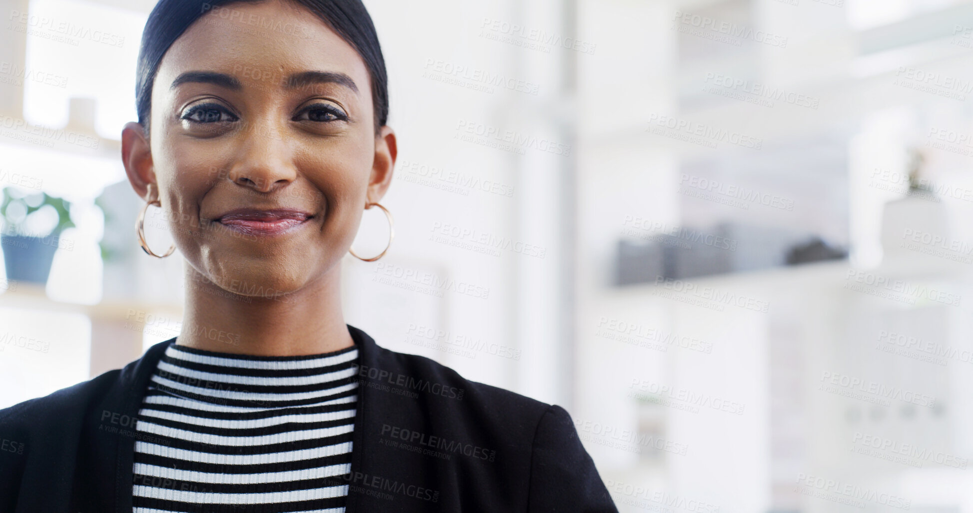 Buy stock photo Portrait, corporate and woman with smile, office and first day in law firm, confident and paralegal. Happy, legal assistant and female person with ambition for career growth, intern or pride in India