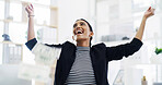 Woman, money rain and excited for goal at office for bonus, profit or salary increase at finance agency. Person, accountant and winner with dollar bills, success or celebration with cash at company