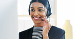 Call center, businesswoman and computer with headset for customer service, crm support and talking. Office, female person and consultant with tech for discussion, sales information and smile for faq