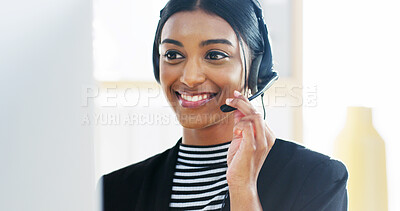 Buy stock photo Call center, businesswoman and computer with headset for customer service, CRM support and talking. Office, female person and consultant with tech for discussion, information and smile for FAQ help