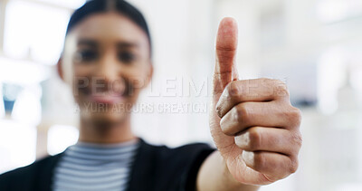Buy stock photo Thumbs up, office and hand of business woman for success, deal approval and thank you for support. Corporate, professional and person with gesture, emoji and sign for good news, feedback and yes