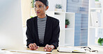 Office, businesswoman and notebook with computer for typing, information and reminder for article. Career, female person and copywriter with digital for research, proofreading and angle tips for news