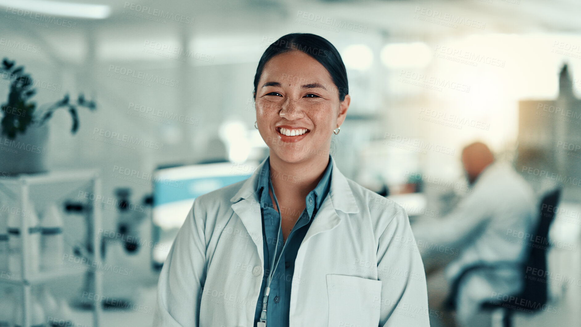 Buy stock photo Portrait, science and woman in lab, research and smile with confidence, biotech expert or pride. Person, scientist or researcher in workplace, experiment or medical with specialist or career ambition
