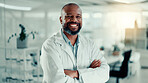 African man, arms crossed and smile at lab with pride for medical research, study and portrait. Mature person, scientist and happy with confidence for pharma development for vaccine in Nigeria