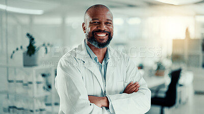 Buy stock photo African man, arms crossed and smile at lab with pride for medical research, study and portrait. Mature person, scientist and happy with confidence for pharma development for vaccine in Nigeria