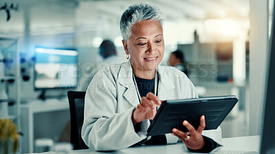 Buy stock photo Science, internet and woman on tablet in lab for medical research, vaccine report and medicine. Healthcare, pharmaceutical and scientist on tech for test study, medicinal analysis or digital results
