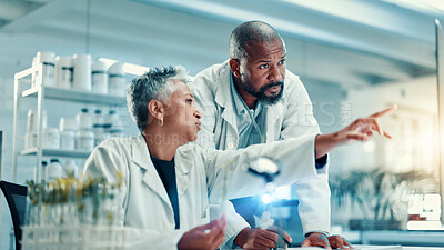 Buy stock photo Biology, computer and pointing with science people in laboratory for breakthrough or development. Collaboration, healthcare and innovation with scientist team at desk for online plant research