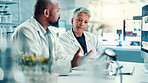 Science, plant and team with people in laboratory for biotechnology research, medical and growth. Collaboration, climate change analyst and environment study with scientist for organic organisms