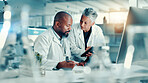 Analysis, scientists and team with tablet, lab or discussion for medical research for collaboration. Healthcare, science and mature people with tech for biotechnology, breakthrough and communication