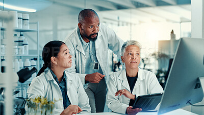 Buy stock photo Computer, medical and teamwork with scientist people in laboratory for development or research. Biology, healthcare and innovation with science team at desk for breakthrough or online plant study