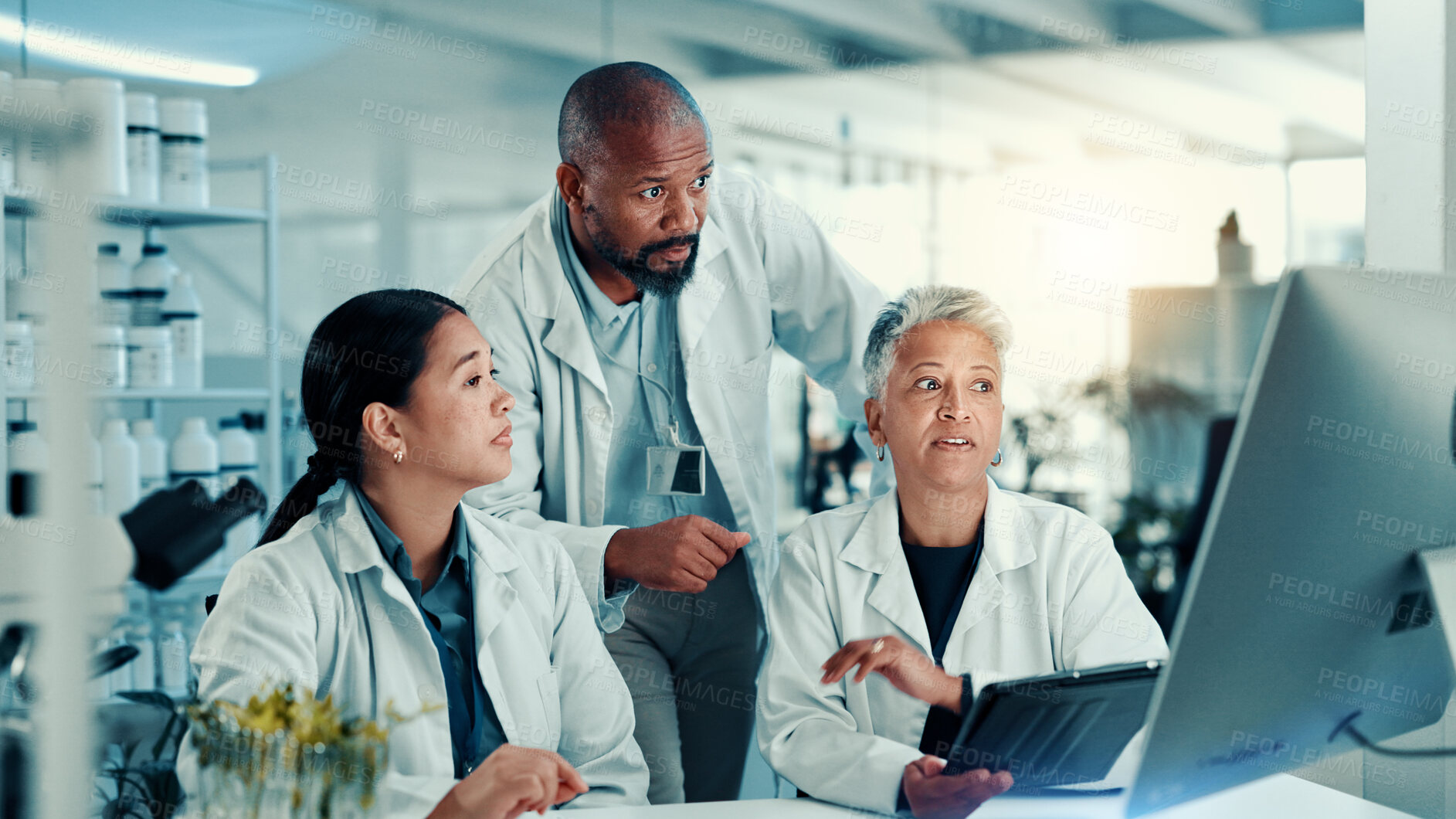 Buy stock photo Computer, medical and teamwork with scientist people in laboratory for development or research. Biology, healthcare and innovation with science team at desk for breakthrough or online plant study