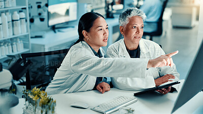 Buy stock photo Scientist team, tablet and research on computer for medical innovation, plant study and experiment. Biotechnology, people and point to report for sustainable medicine or environmental science in lab