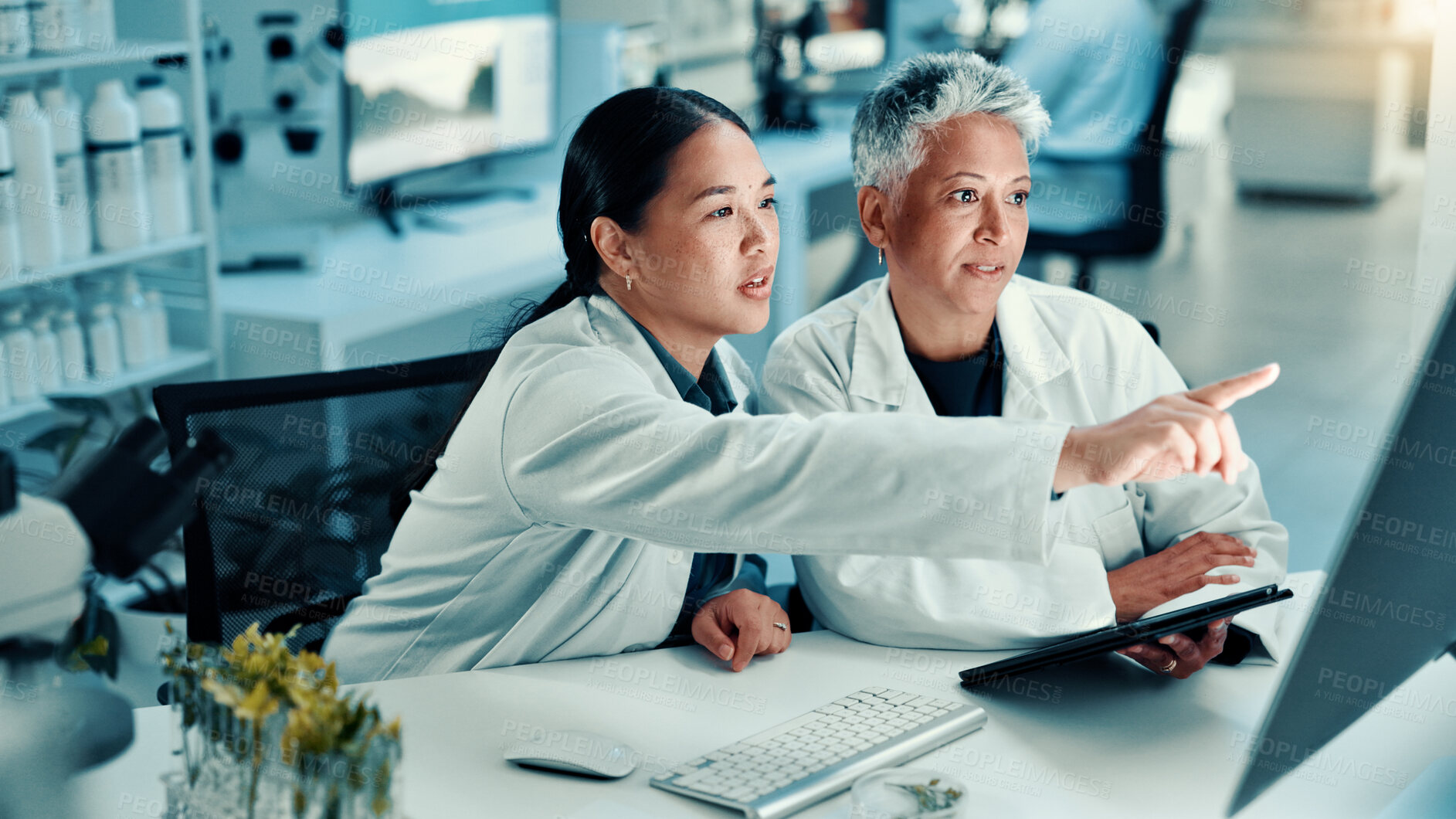 Buy stock photo Scientist team, tablet and research on computer for medical innovation, plant study and experiment. Biotechnology, people and point to report for sustainable medicine or environmental science in lab