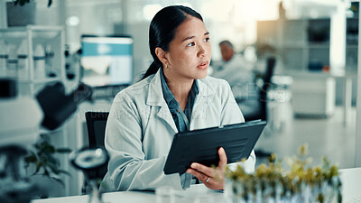 Buy stock photo Asian woman, tablet and thinking in lab for biology with medical research, vaccine report and medicine. Science, pharmaceutical and scientist on tech for sample study, medicinal analysis and results
