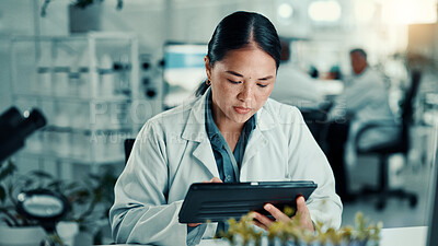 Buy stock photo Science, lab and woman on tablet with sample for medical research, vaccine report and medicine. Healthcare, pharmaceutical and scientist on tech for study, medicinal analysis and digital results