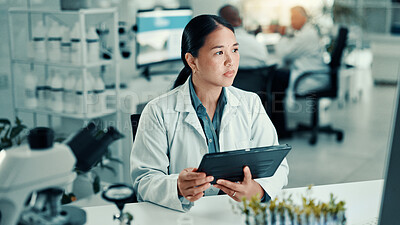 Buy stock photo Science, lab and woman on tablet and computer for medical research, vaccine report and medicine. Healthcare, pharmaceutical and scientist on tech for study, medicinal analysis and digital results