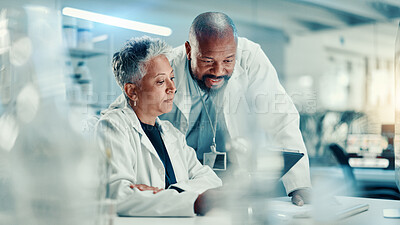 Buy stock photo Analysis, collaboration and scientists with tablet, lab or discussion for medical research for team. Healthcare, science and mature people with tech for biotechnology, breakthrough and communication