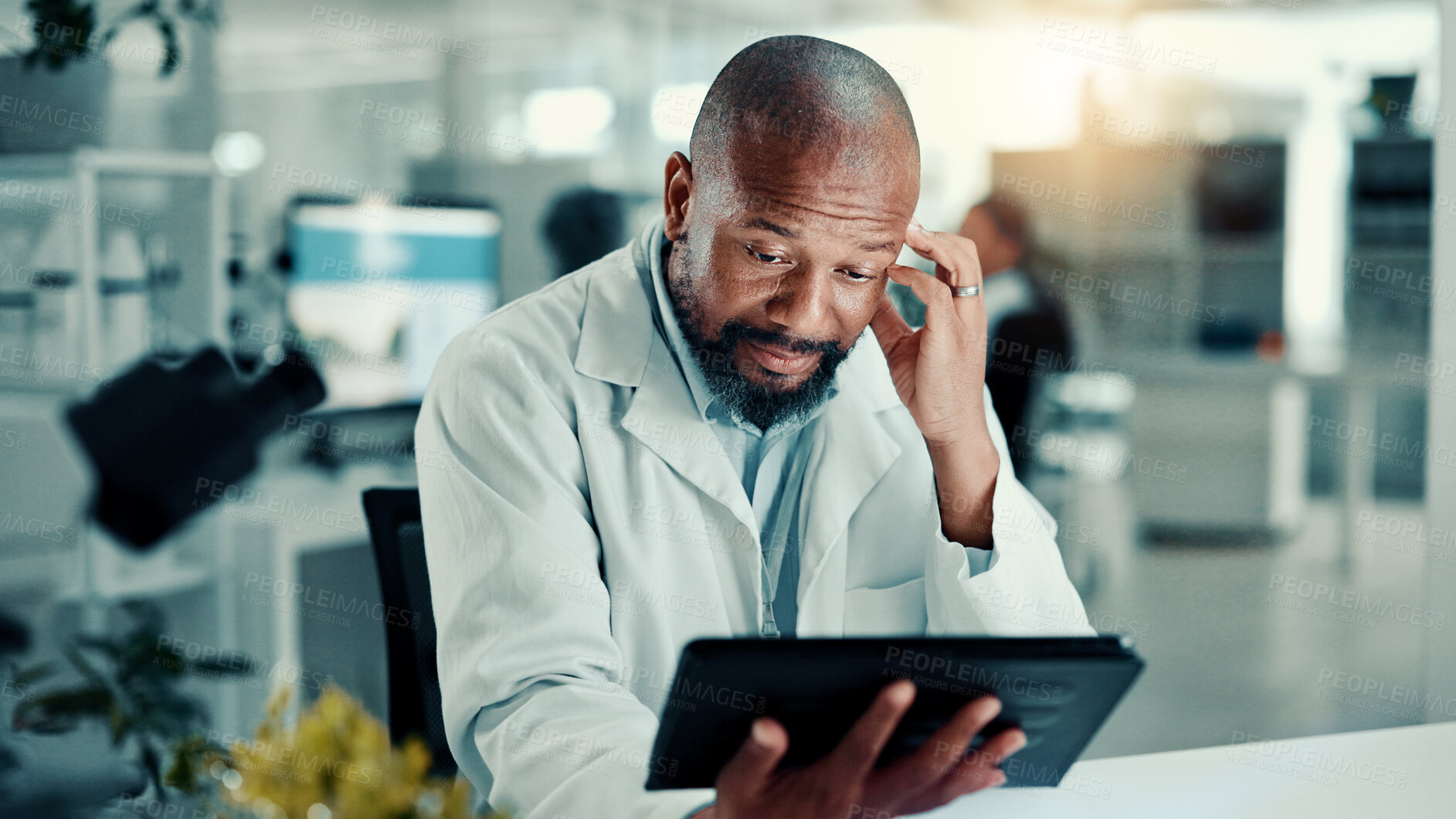 Buy stock photo Science, lab and man on tablet thinking with stress for medical research, vaccine report and medicine. Worry, pharmaceutical and scientist on tech for healthcare study, analysis and digital results