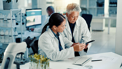 Buy stock photo Science, team and discussion on tablet in lab for medical research, vaccine report and experiment. Scientist, people and digital app for pharmaceutical development, biotechnology study and innovation