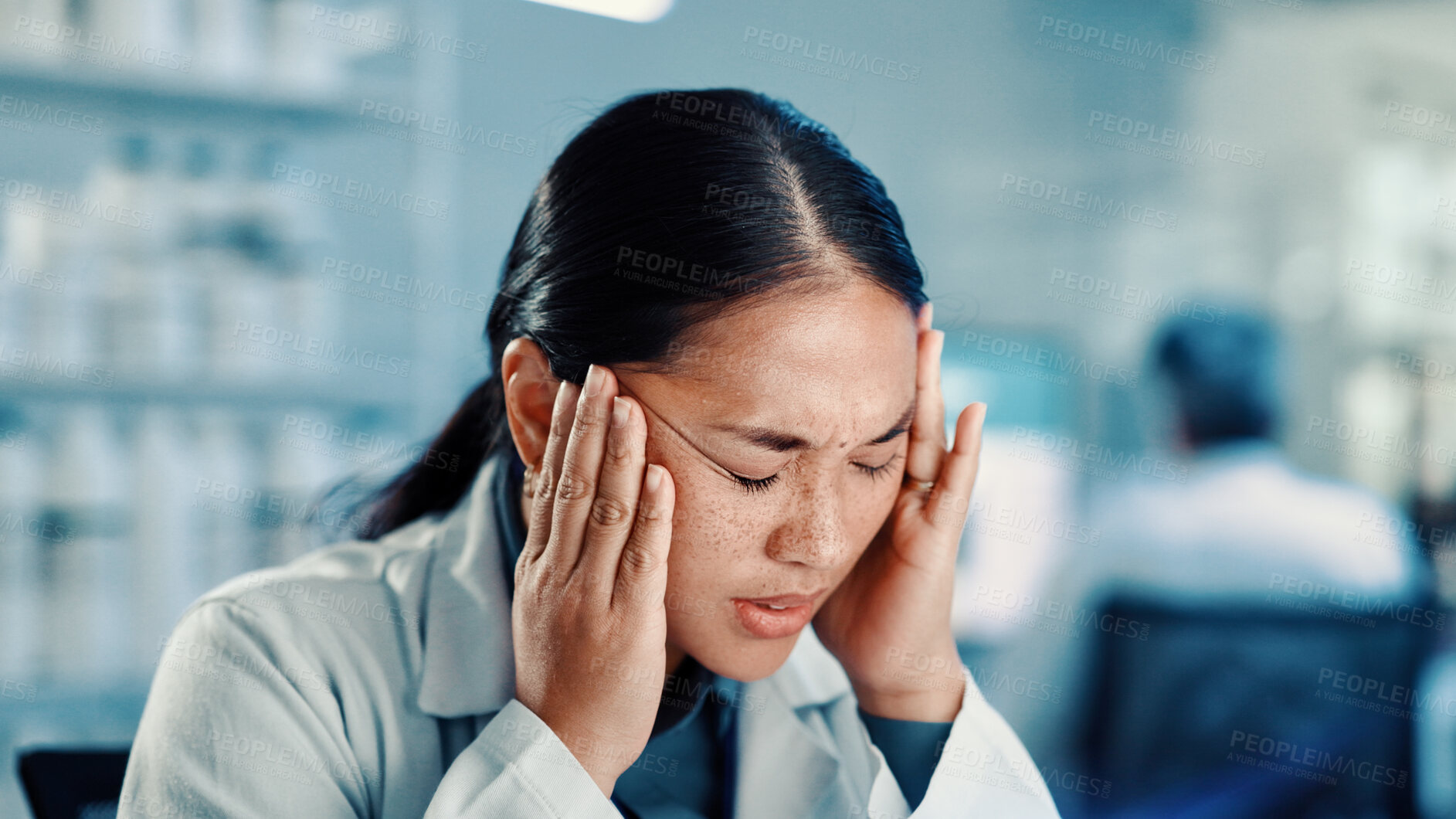 Buy stock photo Woman, headache and stress at lab for science, study and burnout with project for medical research. Person, migraine and pain with fatigue, exhausted and tired with pharma development for vaccine