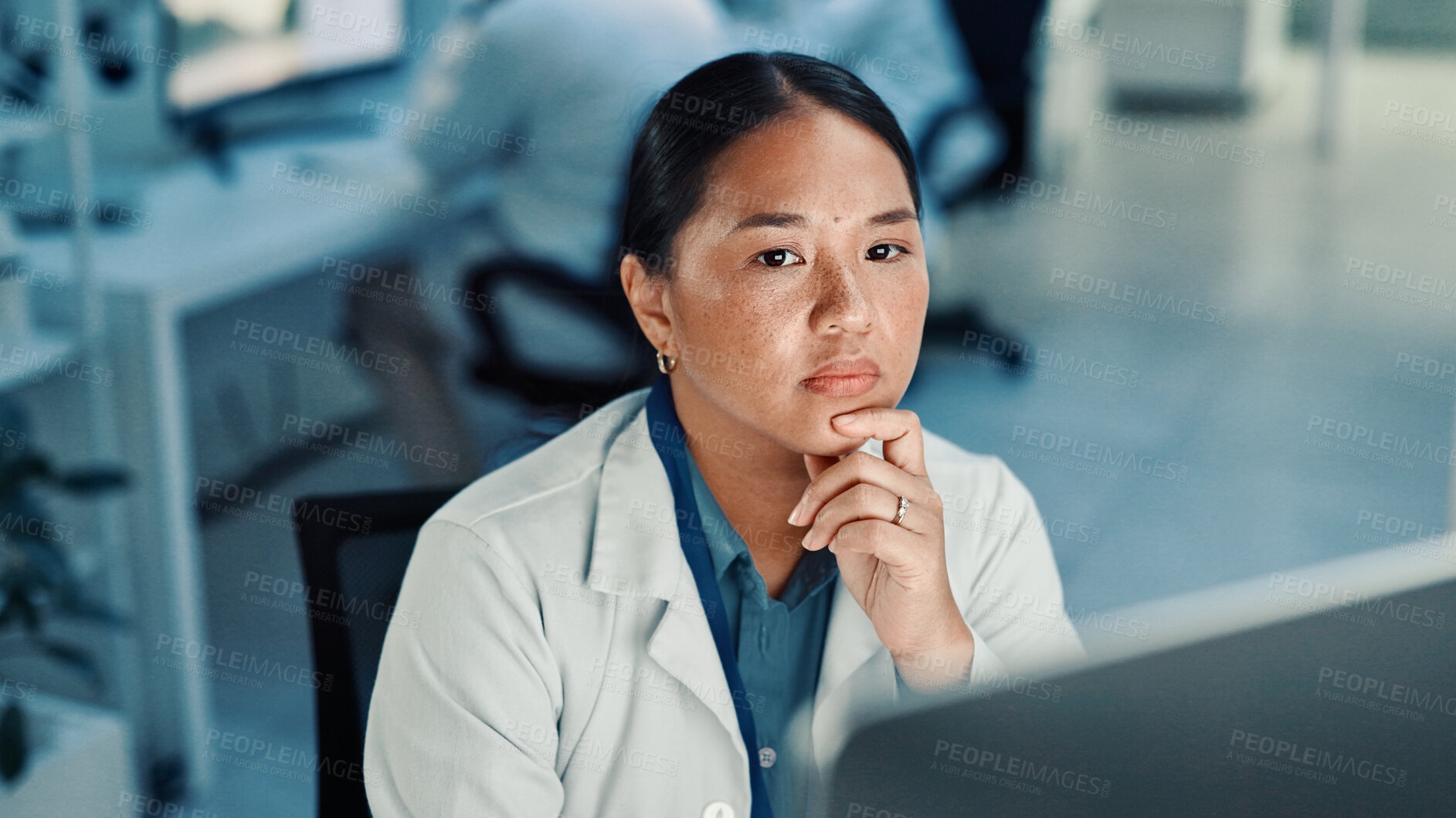 Buy stock photo Computer, science and thinking with woman in laboratory for online development or research. Healthcare, innovation and problem solving with Asian scientist at desk for breakthrough or clinical trial
