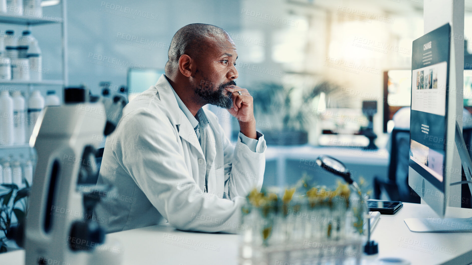 Buy stock photo Computer screen, reading and science with black man in laboratory for development or research. Healthcare, innovation and medical with scientist at desk for breakthrough, clinical trial or experiment
