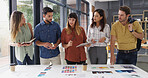 Business people, cooperation and tablet with planning, creative project and brainstorming with app. Internet, employees and graphic designers in workplace, feedback and tech with color for proposal