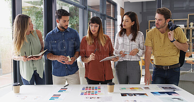 Buy stock photo Business people, cooperation and tablet with planning, creative project and brainstorming with app. Internet, employees and graphic designers in workplace, feedback and tech with color for proposal