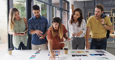Buy stock photo Business people, teamwork and tablet with brainstorming, creative project and color palette with app. Group, employees or graphic designers in office, cooperation and tech with proposal or discussion