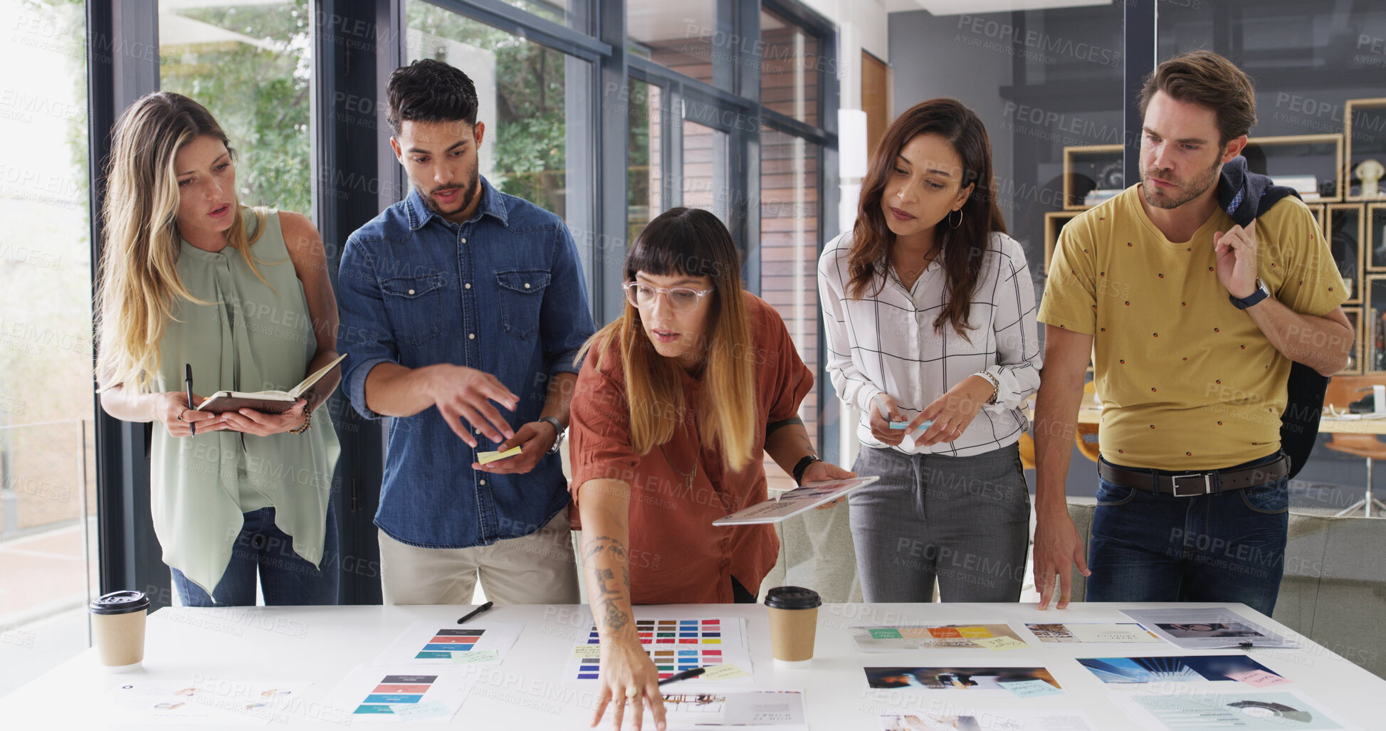 Buy stock photo Business people, teamwork and tablet with brainstorming, creative project and color palette with app. Group, employees or graphic designers in office, cooperation and tech with proposal or discussion