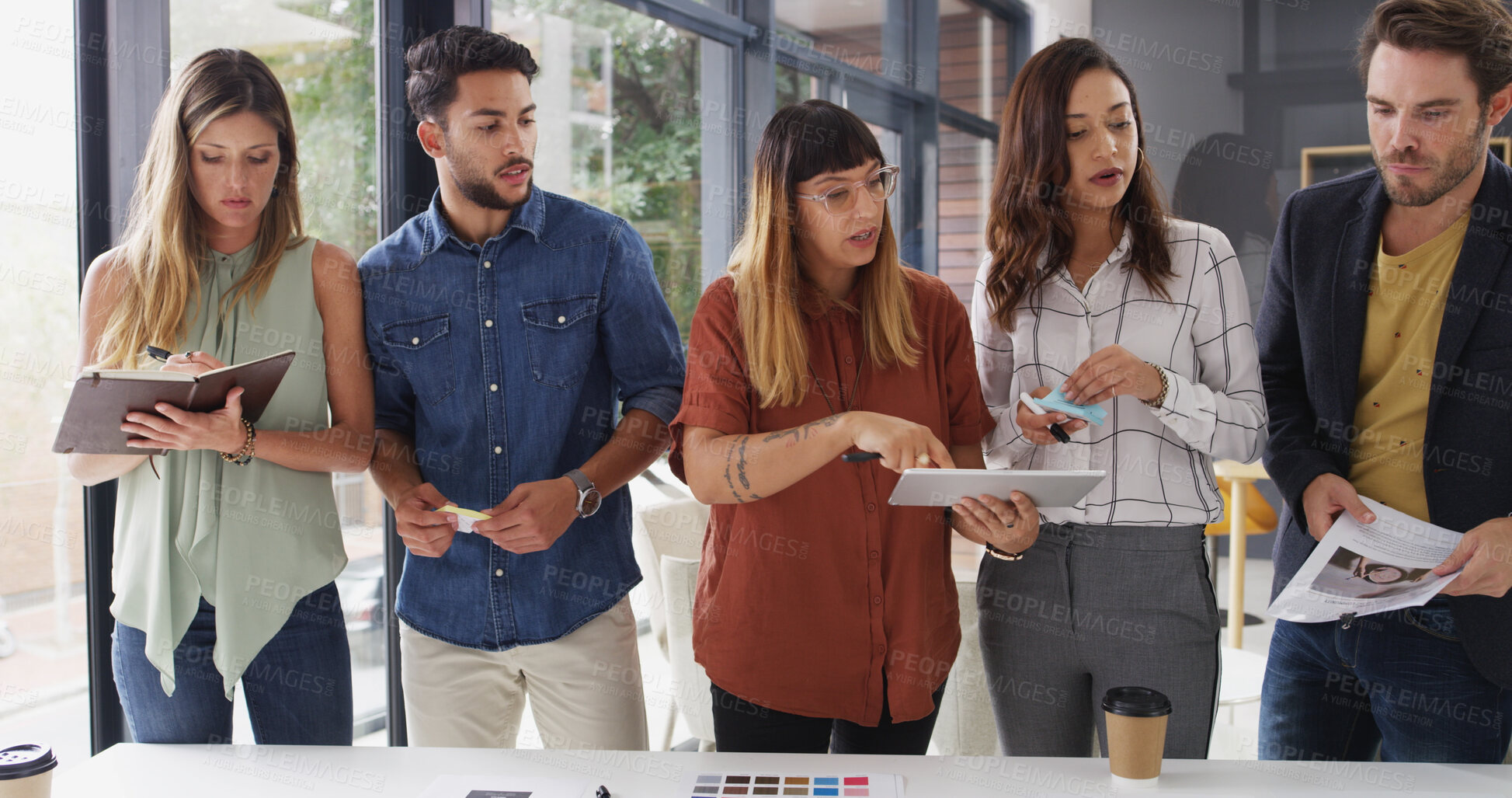 Buy stock photo Business people, cooperation and tablet with planning, creative project and feedback with app. Group, employees and graphic designers in office, meeting and tech with color for proposal or talking