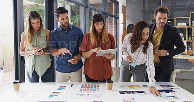 Buy stock photo Business people, collaboration and tablet with planning, creative project and discussion. Group, employees and graphic designers in office, cooperation and tech with color for proposal or digital app