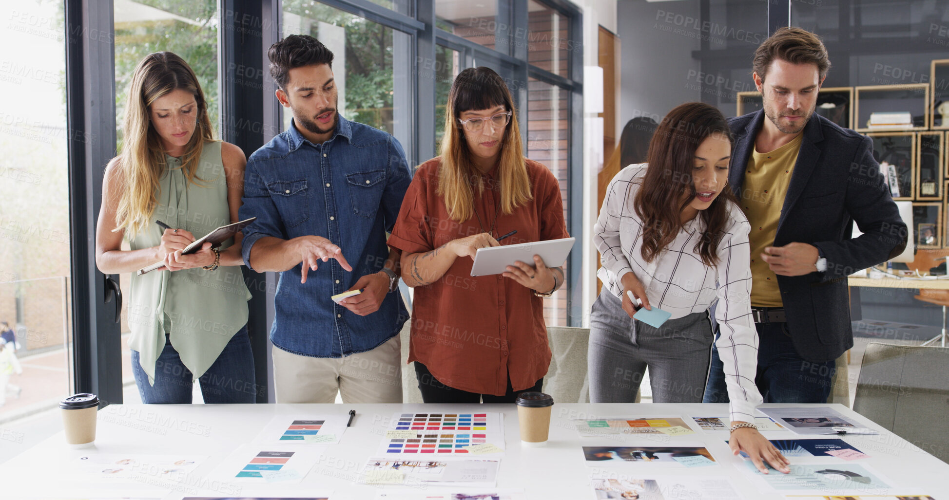 Buy stock photo Business people, collaboration and tablet with planning, creative project and discussion. Group, employees and graphic designers in office, cooperation and tech with color for proposal or digital app