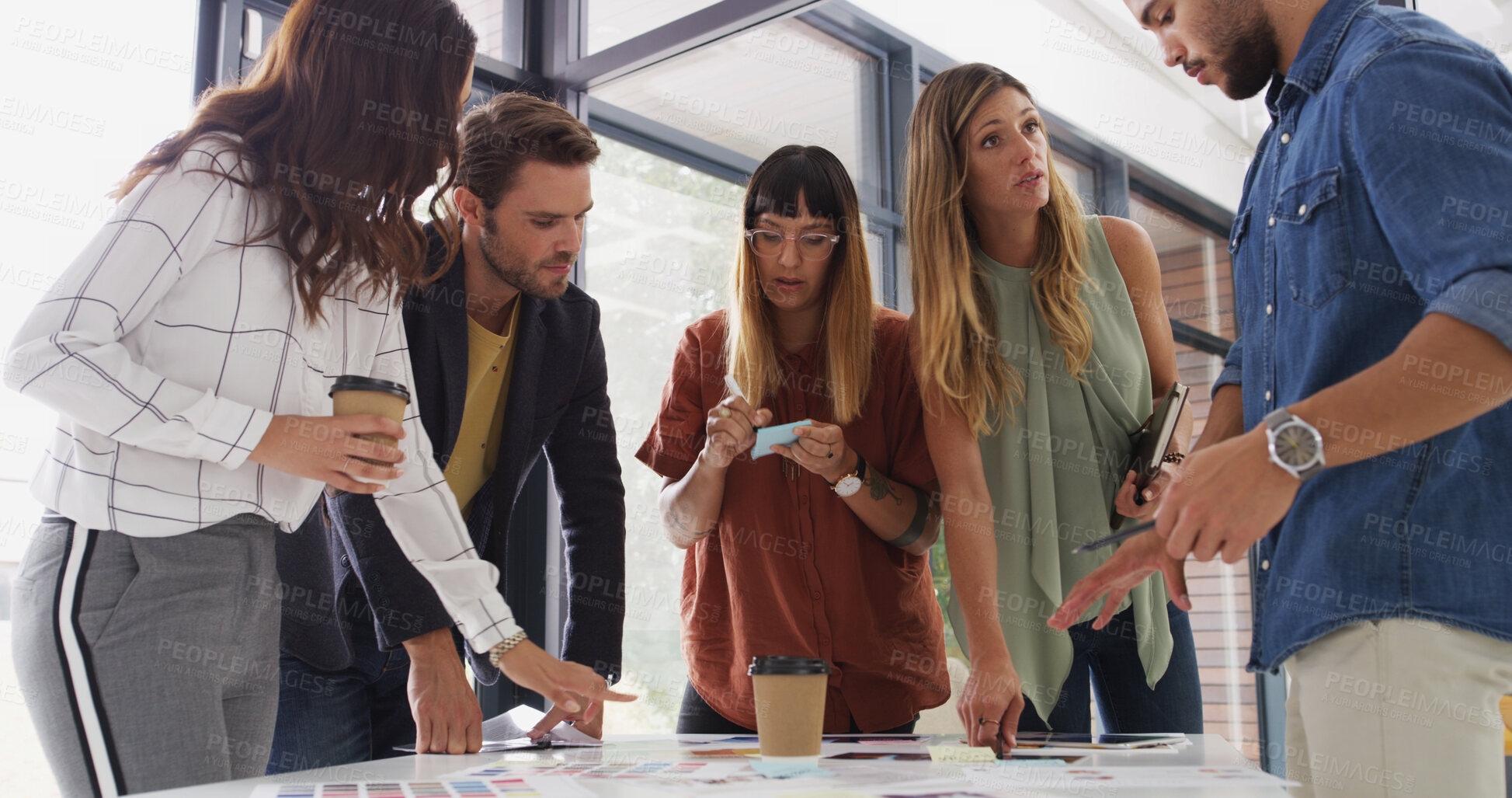 Buy stock photo Team, creative business people and planning in meeting with brand strategist writing notes. Group, manager or collaboration in startup office for discussion, brainstorming idea or ad campaign design