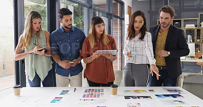 Buy stock photo Group, creative business people and discussion in meeting for brand strategist with tablet. Team, manager and collaboration in startup office for planning, proposal and choice for ad campaign design