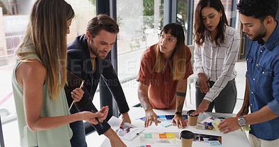 Buy stock photo Group, creative business people and discussion with document for brand strategist. Team meeting, manager and collaboration in startup office for planning, proposal and strategy for ad campaign design