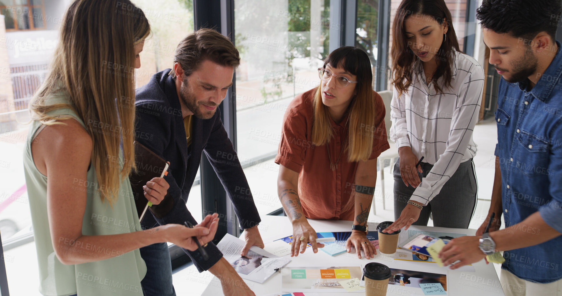 Buy stock photo Group, creative business people and discussion with document for brand strategist. Team meeting, manager and collaboration in startup office for planning, proposal and strategy for ad campaign design