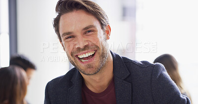 Buy stock photo Portrait, business and man laughing in office for corporate career, bank consultant and management. Male person, accountant and about us, accounting experience and ambition of financial opportunity