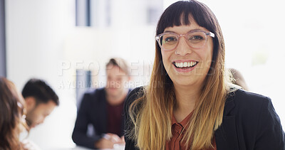 Buy stock photo Portrait, confident and woman with smile in meeting, employee and publicist with group in boardroom. Happy, media manager and discussion for brand awareness with campaign, public relations and USA