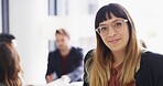 Portrait, employee and woman with glasses in meeting, confident or publicist with smile in business. Happy, media manager and discussion for brand awareness with campaign, public relations and USA