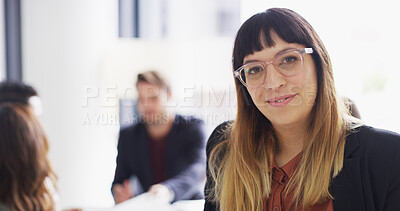 Buy stock photo Portrait, employee and woman with glasses in meeting, confident or publicist with smile in business. Happy, media manager and discussion for brand awareness with campaign, public relations and USA