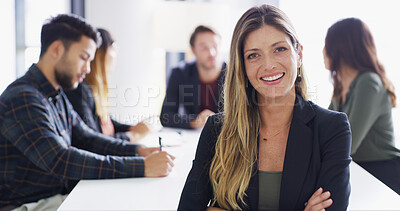 Buy stock photo Portrait, business and smile with woman for career pride, publicist and about us in meeting. Happy, female manager and media relations for press coverage, brand awareness and leadership for campaign