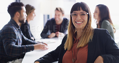 Buy stock photo Portrait, employee and woman with smile in meeting, confident and publicist with group in boardroom. Happy, media manager and discussion for brand awareness with campaign, public relations and USA